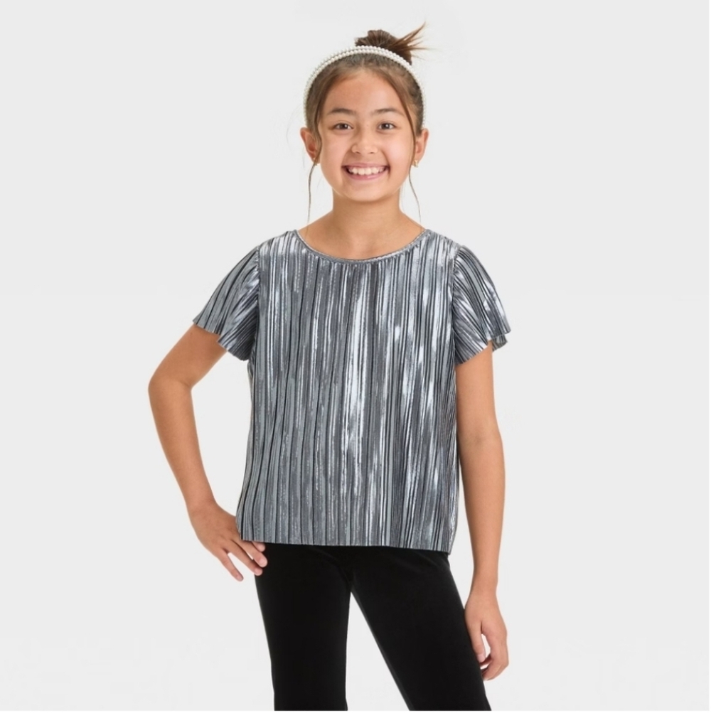 Girls' Short Sleeve Pleated Party Top - Cat & Jack Gunmetal Gray M